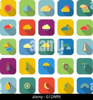 Weather color icons with long shadow on white background Stock Vector