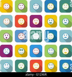 Circle face color icons with long shadow on white background Stock Vector