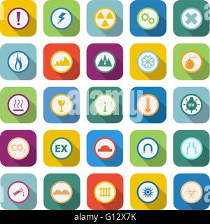 Warning sign color icons with long shadow on white background Stock Vector