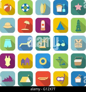 Beach color icons with long shadow on white background Stock Vector