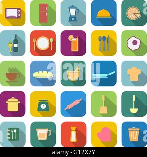 Kitchen color icons with long shadow on white background Stock Vector