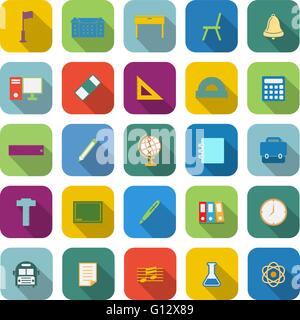 School color icons with long shadow on white background Stock Vector