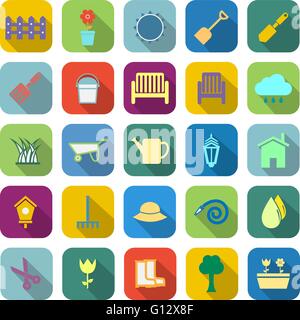 Gardening color icons with long shadow on white background Stock Vector