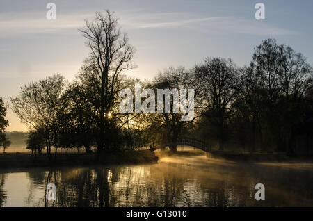Sunrise over the River Thames at Christ Church Meadow, Oxford, England, UK, with Rainbow Bridge, mist and Magdalen Tower beyond. Stock Photo