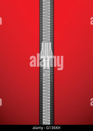 Closed zipper on a red background. Stock Vector