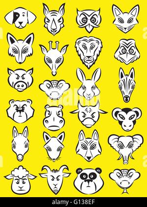 Vector illustration of cartoon animals head collection in line art mode on yellow background Stock Vector