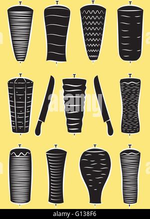 Vector set of doner kebabs and knifes in silhouette mode on yellow background Stock Vector