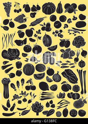 Vector illustration of fruits and vegetables in silhouette mode on yellow background Stock Vector