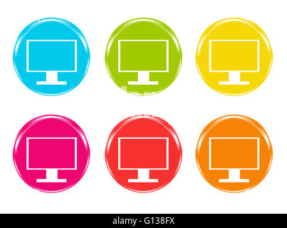 Set of rounded colorful icons with tv screen or computer monitor symbol in blue, green, yellow, red and orange colors Stock Photo