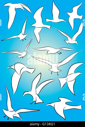 Vector Collection of flying Seagulls on blue sky background Stock Vector