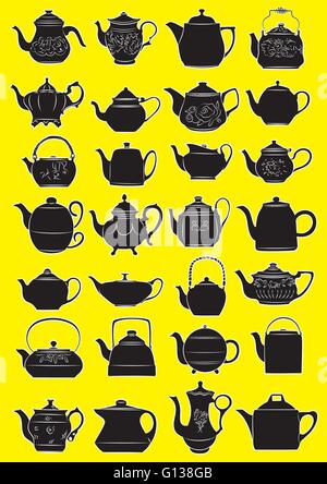 Vector illustration of teapots in black silhouette mode on yellow background Stock Vector
