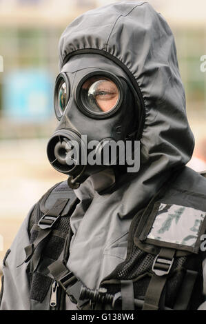 Belfast, Northern Ireland 26 Oct 2011 -  PSNI officer wears wearing Quick Don Protective Suits during the launch of Northern Ireland Hazardous Area Response Team (HART). Stock Photo