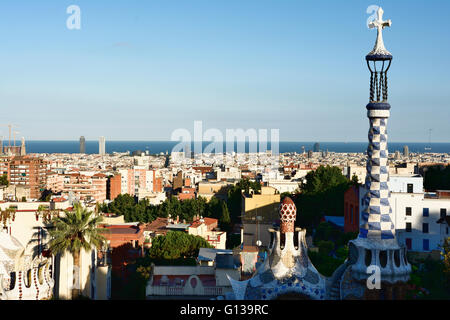 View from the main terrace. Park Güell is a public park system composed of gardens and architectonic elements. Barcelona Stock Photo