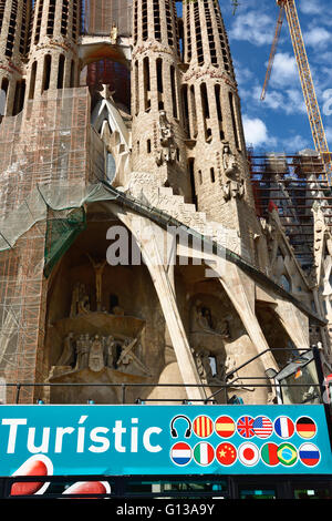 Tourist bus stop. Basilica and Expiatory Church of the Holy Family, Sagrada Família, Antoni Gaudí i Cornet. Barcelona, Catalonia Stock Photo