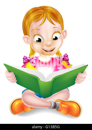 A happy cartoon little girl enjoying reading an amazing book and using her imagination Stock Photo