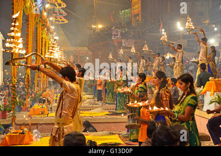 Ganga Aarti and Dev Deepavali celebrations, Dashashwamedh Ghat, Varanasi, Uttar Pradesh, India Stock Photo