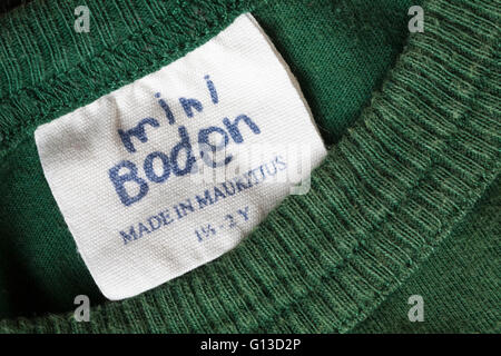 label in mini Boden garment for 1 1/2-2Y made in Mauritius - sold in the UK United Kingdom, Great Britain Stock Photo