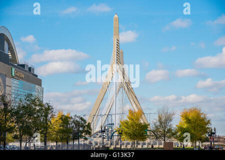 Picture of the Leonard P. Zakim Bunker Hill Memorial Bridge in Boston with the Boston Garden to the left of the bridge. Stock Photo