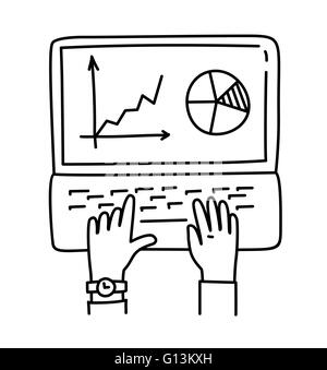 Businessman analyzing graph, working on Laptop, vector illustration Stock Vector
