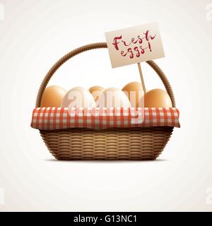Vector illustration of eggs in wicker basket with label. Elements are layered separately in vector file. Stock Vector