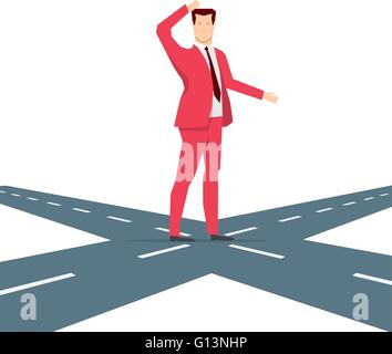 Red suit businessman thinking for choice. Vector concept illustration. Stock Vector