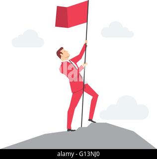 Red suit businessman on the peak with flag. Vector concept illustration. Stock Vector