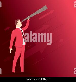 Businessman looks through a telescope on red background. Vector business concept illustration. Stock Vector