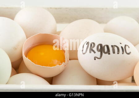 Fresh eggs in a wooden basket. Organic eggs Stock Photo