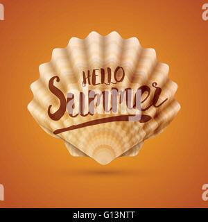 Hello Summer message on detailed vector illustration of sea shell. Stock Vector