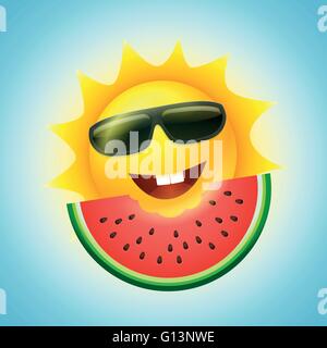 Vector summer concept illustration. Cartoon sun character and watermelon slice. Stock Vector