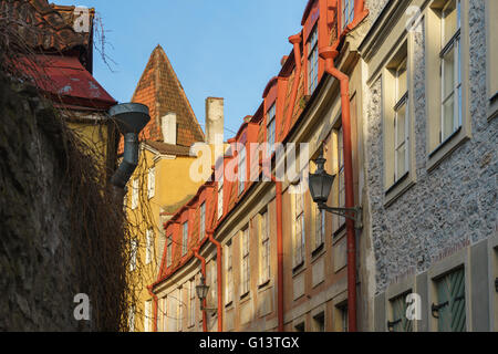 Traditional house facades in Old town street of Tallinn city, Estonia Stock Photo