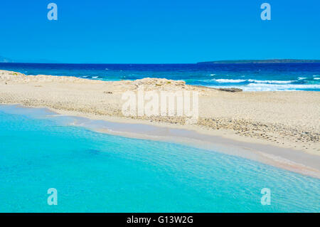 view of Ses Illetes Beach in Formentera, Balearic Islands, Spain Stock Photo