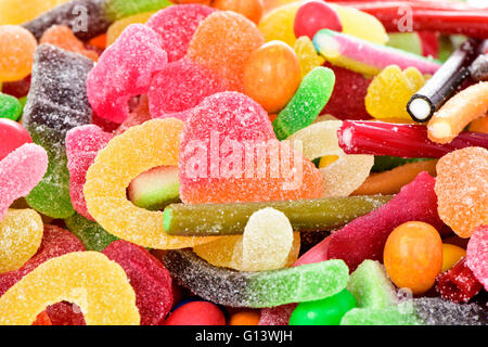 closeup of a pile of different candies, with different shapes and flavors Stock Photo