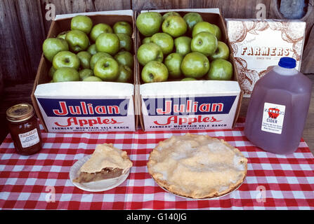 Apples are a mainstay of the rural mountain community of Julian that has long been a popular getaway in San Diego County in Southern California, USA. Apple pie, apple butter, apple cider and just-picked apples themselves are found at roadside stands, local orchards, restaurants and bakeries. An Apple Days Festival that dates to 1909 is held annually on a September weekend during the apple harvest season. Located at the edge of Cleveland National Forest, Julian is an historic 1870s gold-rush mining town that boomed for nearly a decade until the precious ore ran out. Stock Photo