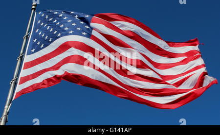 American flag flying on a blue sky background