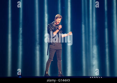 Stockholm, Sweden. 7th May. Singer Justs from Latvia is rehearsing his song 'Heartbeat'. Credit:  Stefan Crämer/Alamy Live News Stock Photo