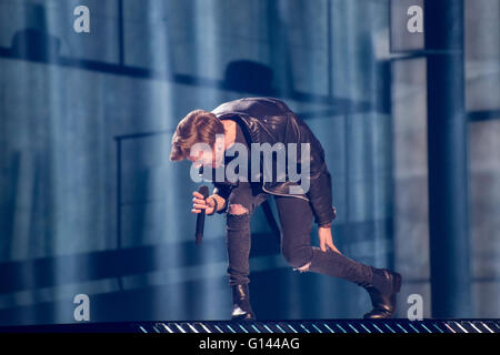 Stockholm, Sweden. 7th May. Singer Justs from Latvia is rehearsing his song 'Heartbeat'. Credit:  Stefan Crämer/Alamy Live News Stock Photo