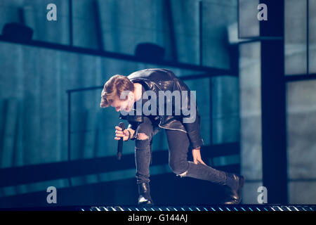 Stockholm, Sweden. 7th May. Singer Justs from Latvia is rehearsing his song 'Heartbeat'. Credit:  Stefan Crämer/Alamy Live News Stock Photo