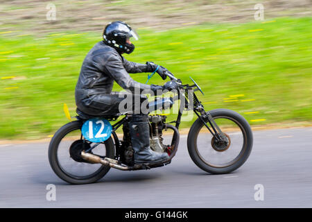 Chorley, Lancashire, UK. 8th May, 2016. No.12 Tony Bracey from Castlehorpe riding a 250cc 1936 Velocette motorcycle at the Hoghton Sprint. The Sprint, is one of the longest standing Motorcycle Events in the county has become an important event on the biking calendar and has a dedicated following of committed motorcycle enthusiasts. It features all different types of bikes from British made to Japanese made, and even includes some homemade and customised motorbikes. © Mar Photographics/Alamy Live News Credit:  Mar Photographics/Alamy Live News Stock Photo