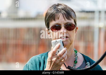Bristol, UK, 8th May, 2016.  Molly Scott Cato,Green Party MEP for the South West is pictured speaking to protesters during the Bristols Going backwards on climate change rally in College Green. Credit:  lynchpics/Alamy Live News Stock Photo