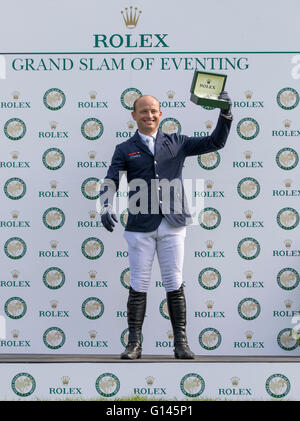 Badminton House, Badminton, UK. 08th May, 2016. Mitsubishi Motors Badminton Horse Trials. Day Five. Michael Jung (GER) displays his presentation Rolex Watch after winning the Rolex Grand Slam of Eventing - winning Badminton, Burghley and Kentucky. Credit:  Action Plus Sports/Alamy Live News Stock Photo