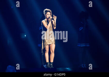 Stockholm, Sweden. 8th May. Singer Barei from Spain is rehearsing her song 'Say Yay!'. Credit:  Stefan Crämer/Alamy Live News Stock Photo