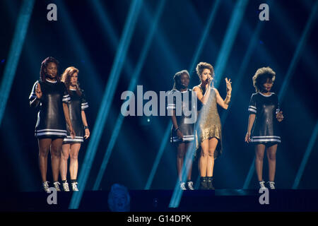 Stockholm, Sweden. 8th May. Singer Barei from Spain is rehearsing her song 'Say Yay!'. Credit:  Stefan Crämer/Alamy Live News Stock Photo