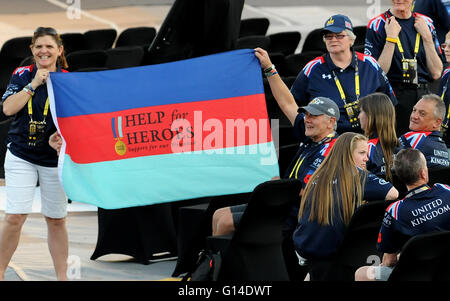 Orlando, Florida, United States. 8th May, 2016. Family members from the United Kingdom display a Help for Heroes flag during the opening ceremony of the 2016 Invictus Games at Champion Stadium in the ESPN Wide World of Sports Complex at the Walt Disney World Resort in Orlando, Florida on May 8, 2016. The five day multi-sport event for wounded, injured, or sick armed services personnel includes 500 competitors from fourteen countries. Britain's Prince Harry launched the first Invictus Games in 2014 in London, England. Credit:  Paul Hennessy/Alamy Live News