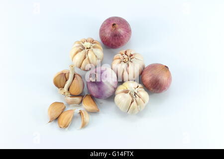 shallots and garlic  on white background Stock Photo