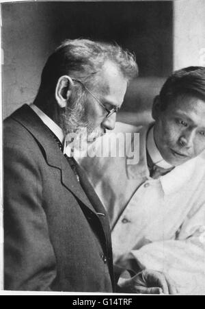 Ehrlich and Hata. Portrait of Paul Ehrlich (1854-1915) and Sahachiro Hata (1873-1938), the bacteriologists from Germany and Japan respectively who discovered the first cure for syphilis. From 1896 Ehrlich (left) tried to find a chemical that combatted the Stock Photo