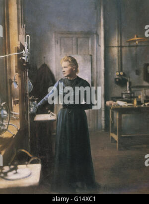 Portrait of Marie Curie in her laboratory. Curie (1867-1934) was a Polish-French chemist and physicist and a pioneer of radiology. She was the first person to receive two Nobel Prizes (chemistry and physics) and also the first to be awarded these prizes i Stock Photo