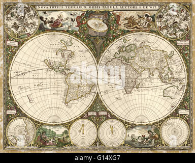 17th century map of the world. Published in Amsterdam in 1660, this map by the Dutch cartographer Frederick de Wit (c.1630-1706) shows the expanding exploration of the known world. The map divides the Earth into a western and eastern hemisphere. In the up Stock Photo