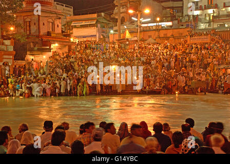 Ganga Aarti on the banks of holy river Ganges, Haridwar, Uttarakhand, India Stock Photo