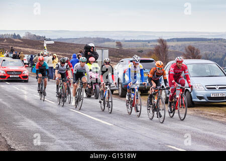 Tour de Yorkshire 2016, the lead riders racing up Blakey Ridge, above Farndale, North York Moors National Park, Yorkshire, Engla Stock Photo